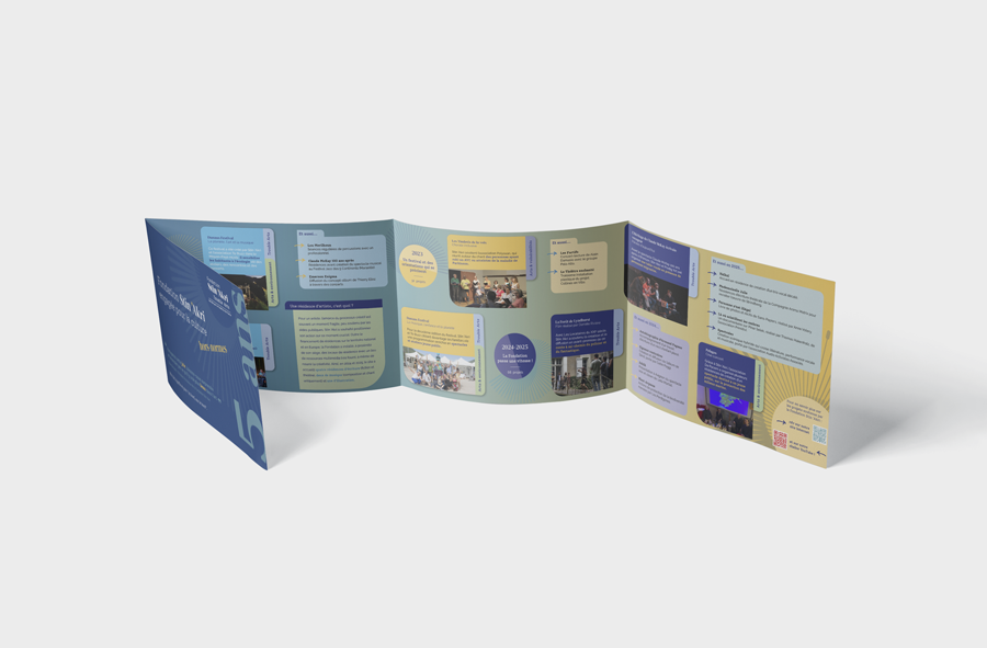 Plaquette pliée de la Fondation Stin’Akri déclinant la nouvelle identité visuelle
